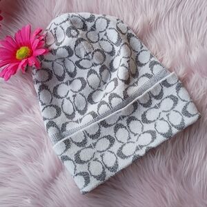 Coach White Shimmery Silver Metallic Jacquard Logo Wool Blend Cuffed Beanie Hat